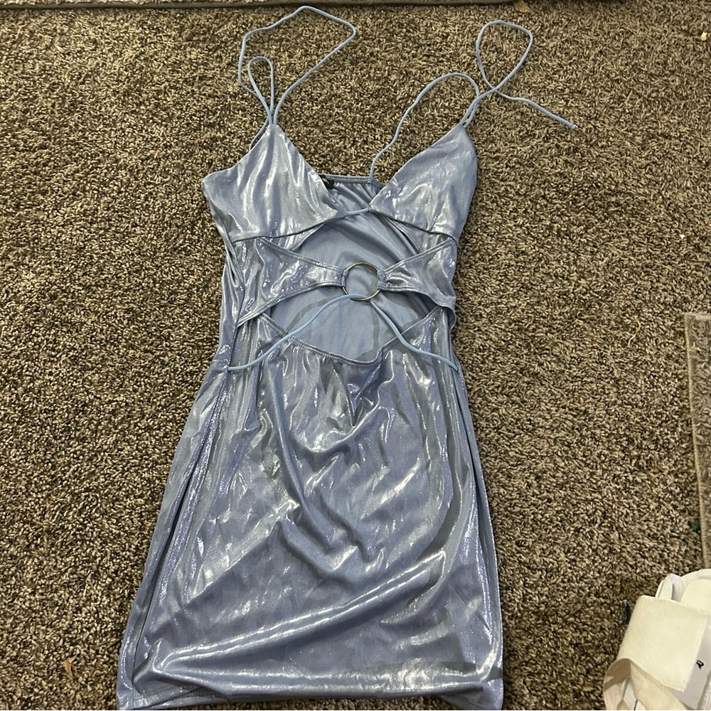 PrettyLittleThing Metallic Blue Cut Out Dress